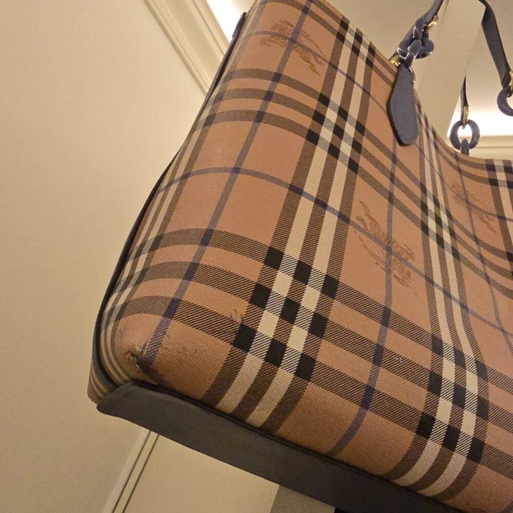 Burberry Medium Reversible Tote Haymarket Check Canvas & Slate Blue Leather